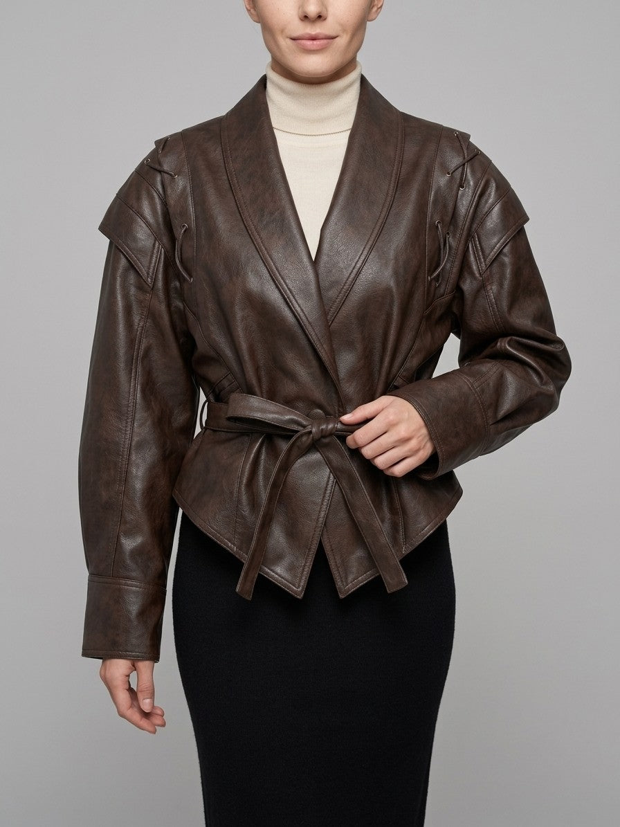 Nepi Women's Lace-Up Belted Wrap Jacket — coffeebrown — front