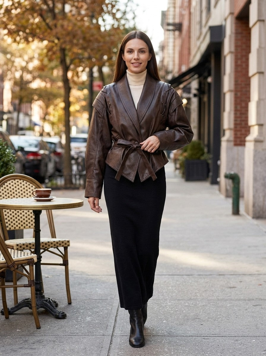 Nepi Women's Lace-Up Belted Wrap Jacket — coffeebrown — lifestyle