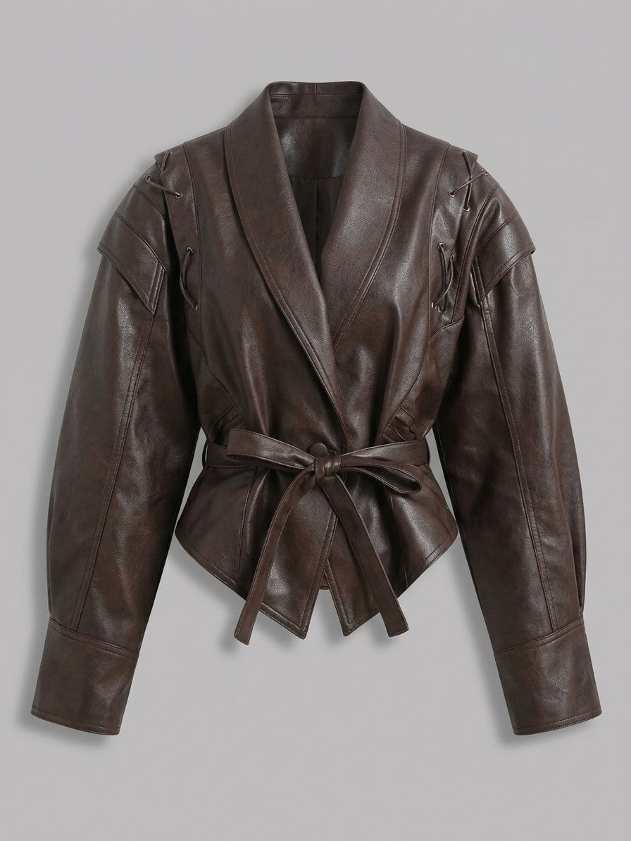 Nepi Women's Lace-Up Belted Wrap Jacket — coffeebrown — packshot