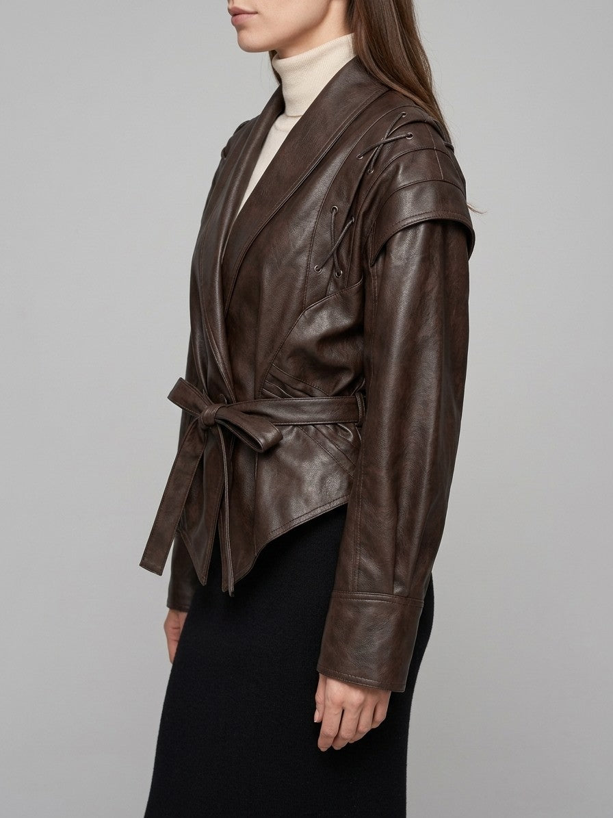 Nepi Women's Lace-Up Belted Wrap Jacket — coffeebrown — side