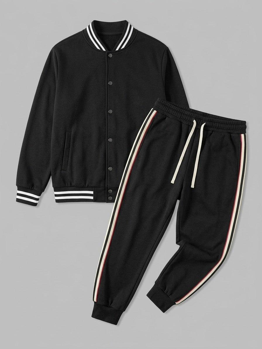 Nettuno Men's Snap-Front Baseball Jacket and Side-Stripe Jogger Set — black — packshot