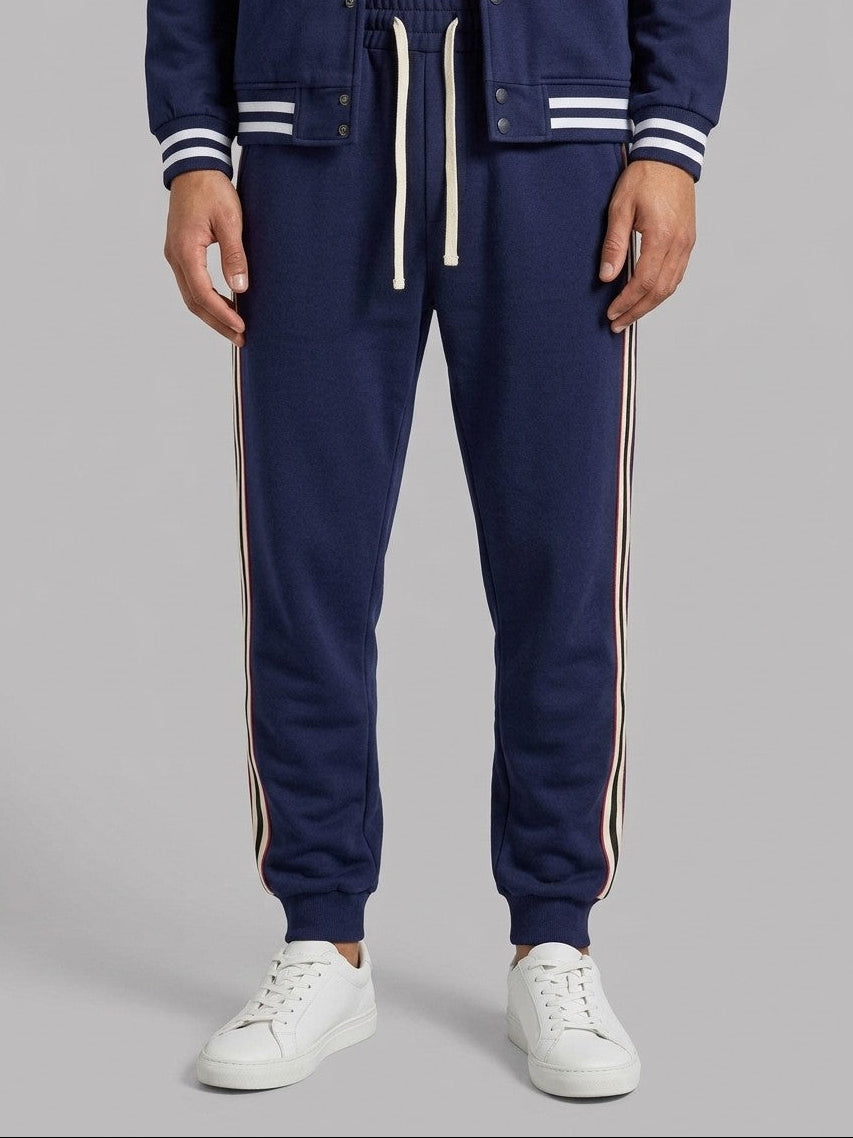 Nettuno Men's Snap-Front Baseball Jacket and Side-Stripe Jogger Set — navyblue — bottomfront