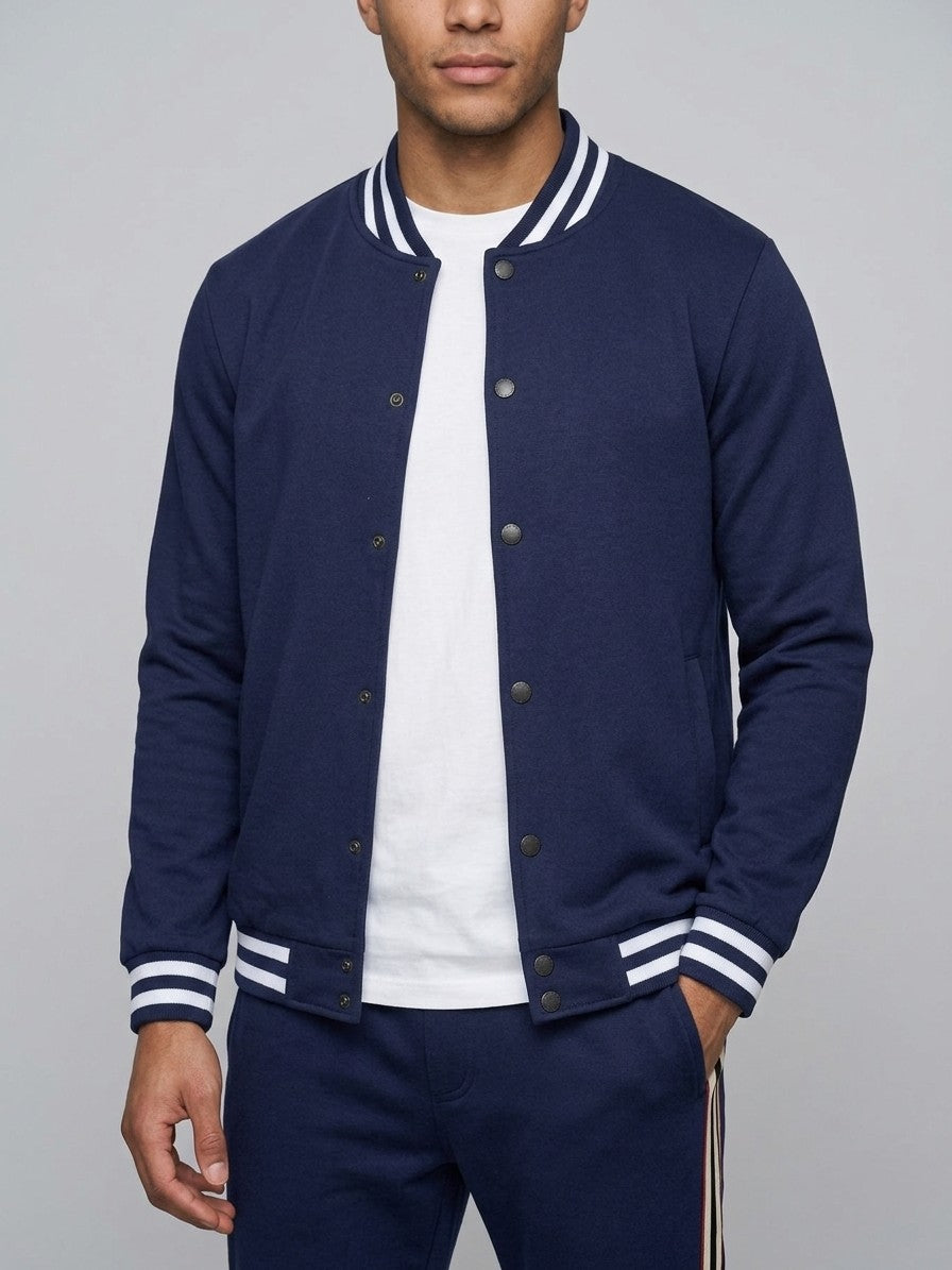 Nettuno Men's Snap-Front Baseball Jacket and Side-Stripe Jogger Set — navyblue — closefront