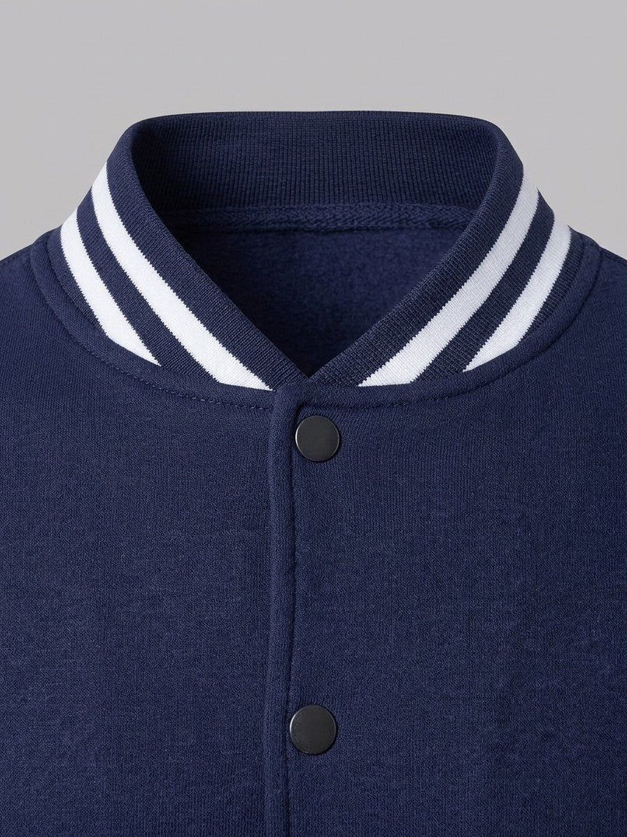 Nettuno Men's Snap-Front Baseball Jacket and Side-Stripe Jogger Set — navyblue — detail-collar