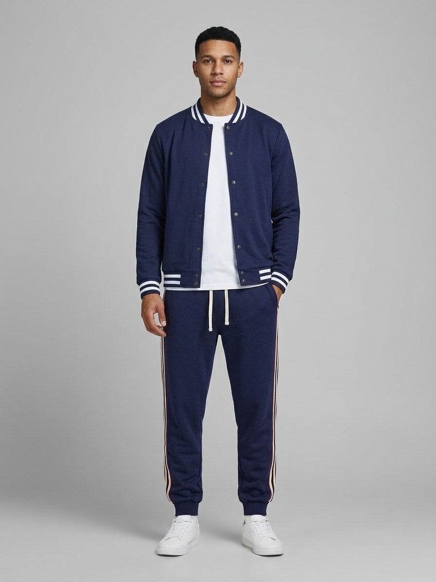 Nettuno Men's Snap-Front Baseball Jacket and Side-Stripe Jogger Set — navyblue — fullfront