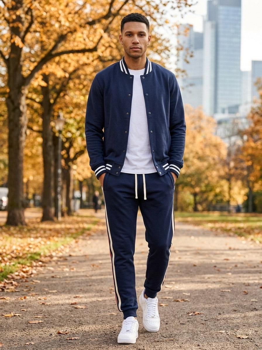 Nettuno Men's Snap-Front Baseball Jacket and Side-Stripe Jogger Set — navyblue — lifestyle