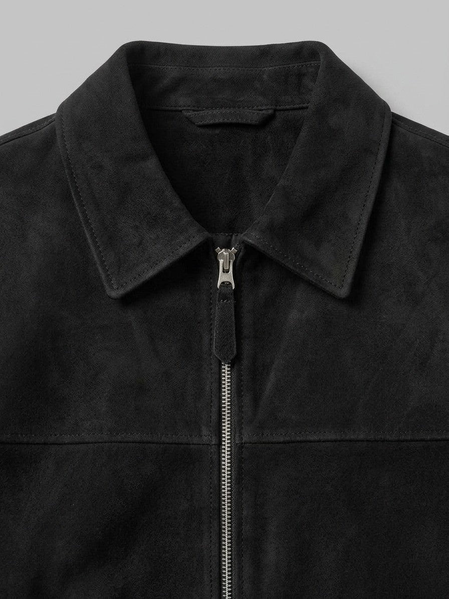 Nizza Men's Point-Collar Faux Suede Jacket — black — detail