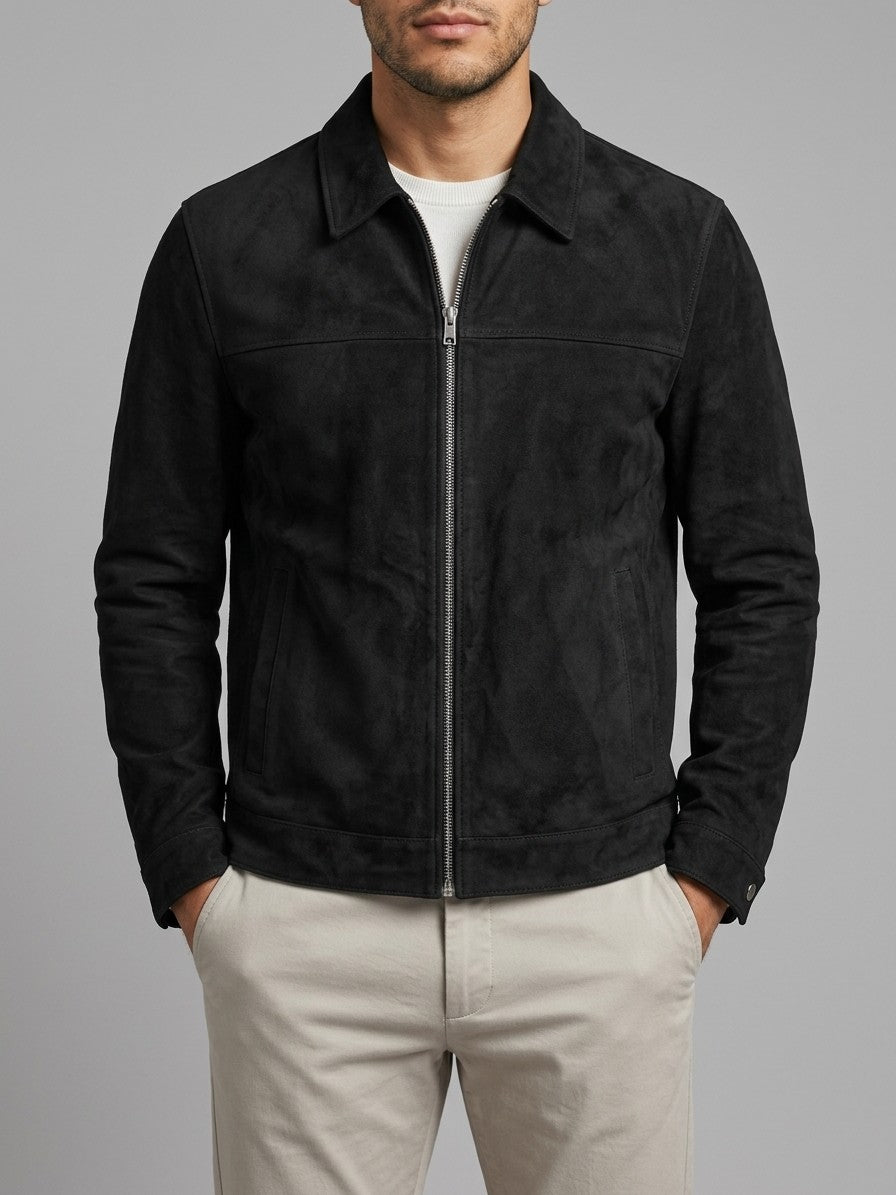 Nizza Men's Point-Collar Faux Suede Jacket — black — front