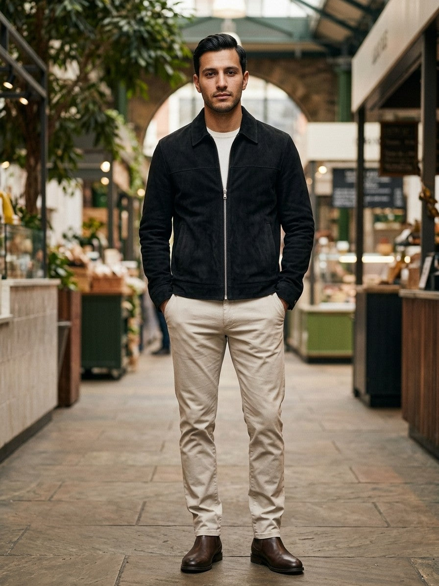 Nizza Men's Point-Collar Faux Suede Jacket — black — lifestyle