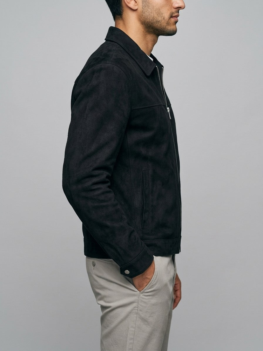 Nizza Men's Point-Collar Faux Suede Jacket — black — side