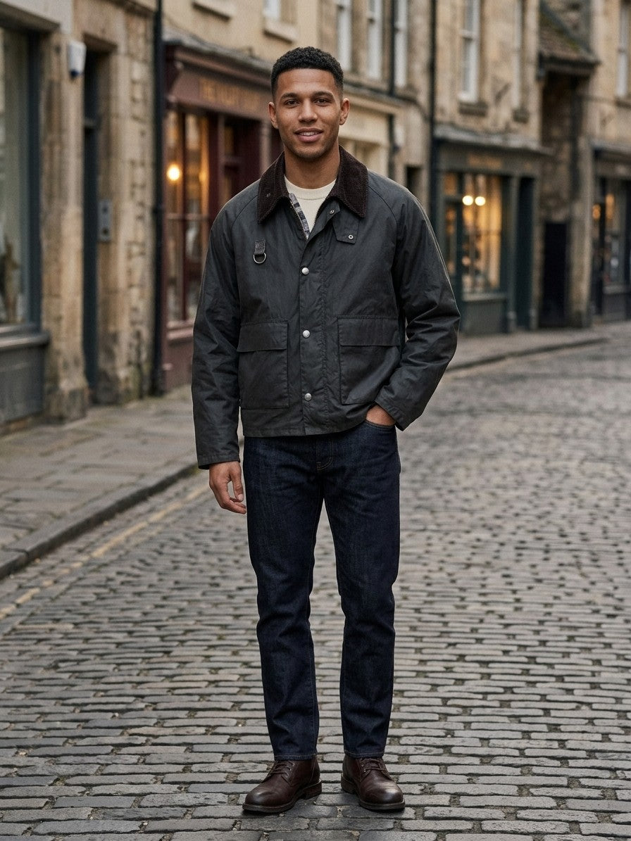 Noale Men's Corduroy-Collar Waxed Jacket — darkgrey — lifestyle