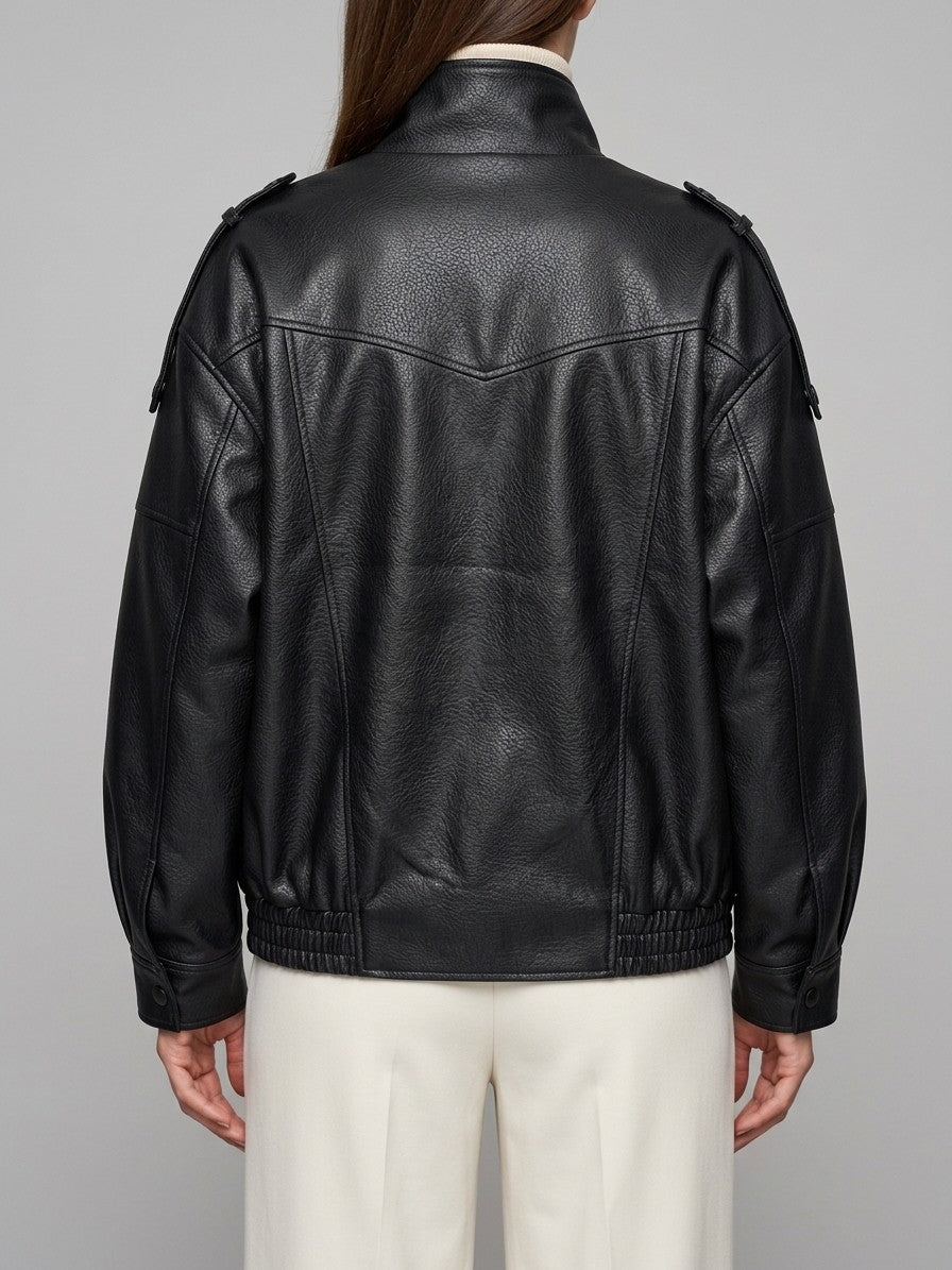 Noli Women's Funnel Neck Moto Jacket — black — back