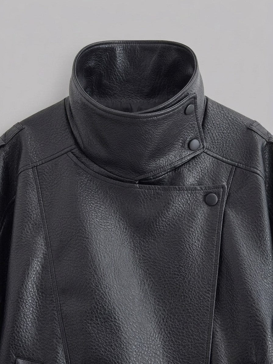 Noli Women's Funnel Neck Moto Jacket — black — detail