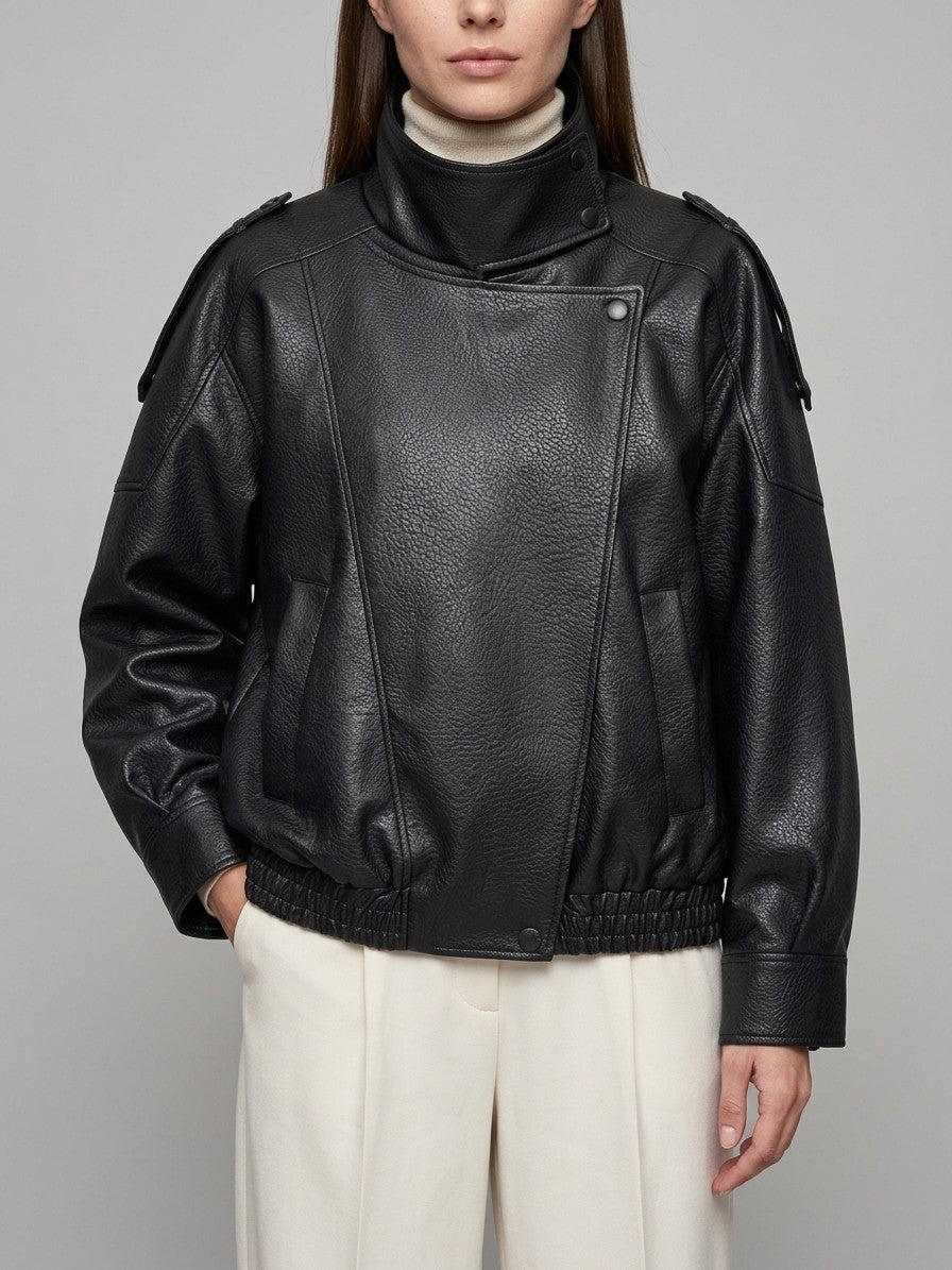 Noli Women's Funnel Neck Moto Jacket — black — front