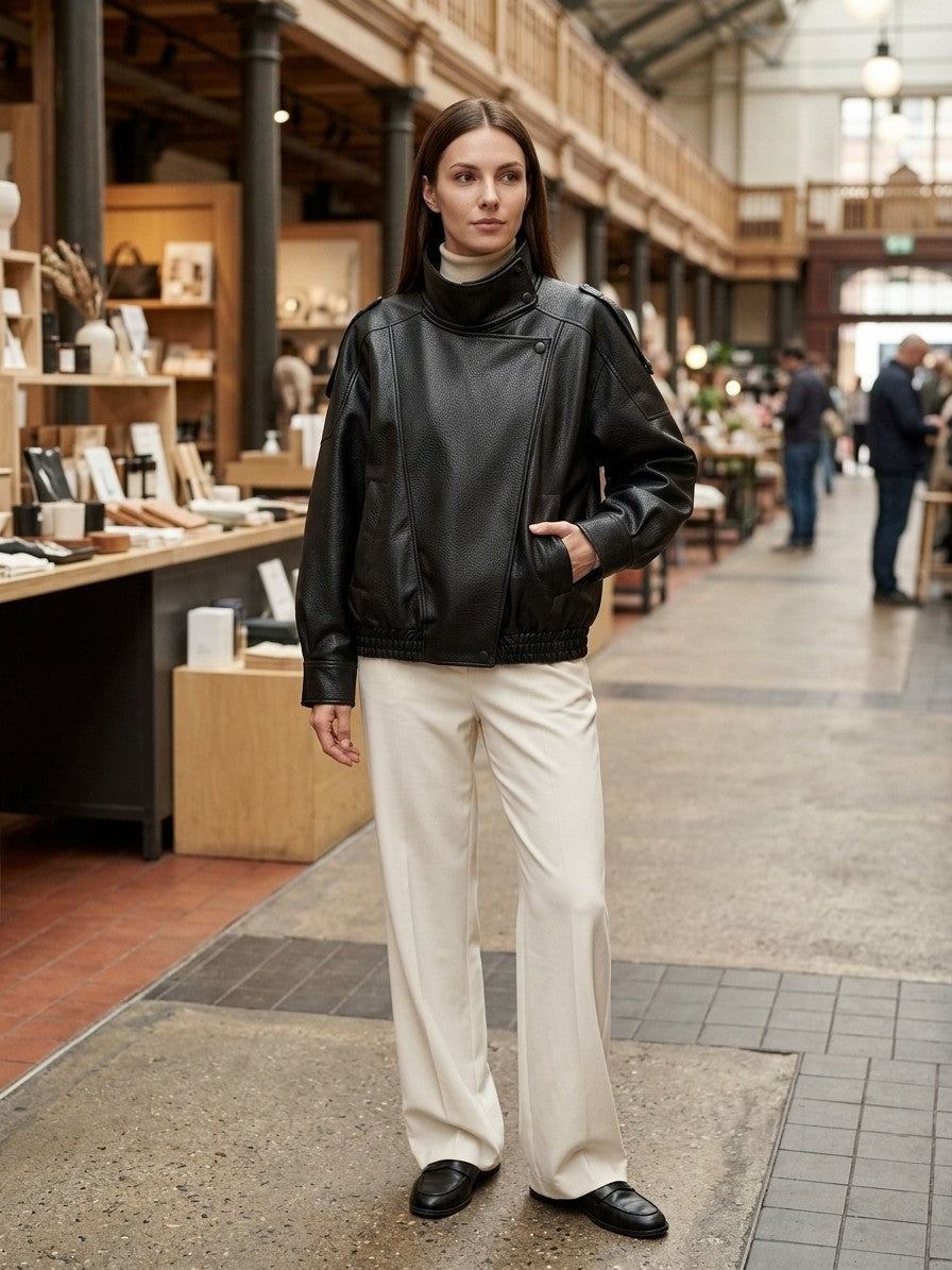 Noli Women's Funnel Neck Moto Jacket — black — lifestyle