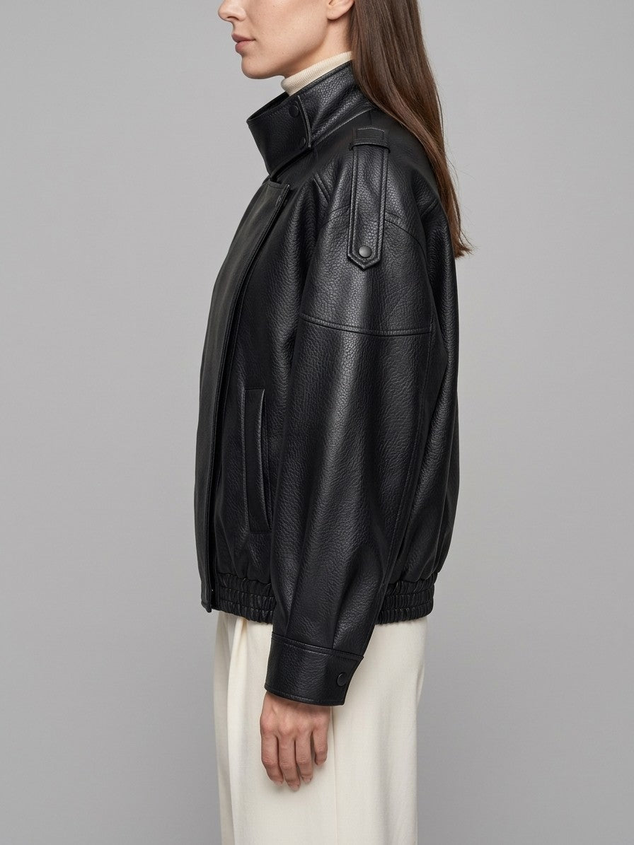 Noli Women's Funnel Neck Moto Jacket — black — side