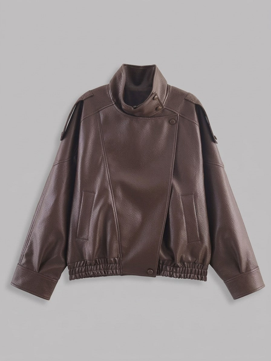 Noli Women's Funnel Neck Moto Jacket — brown — packshot