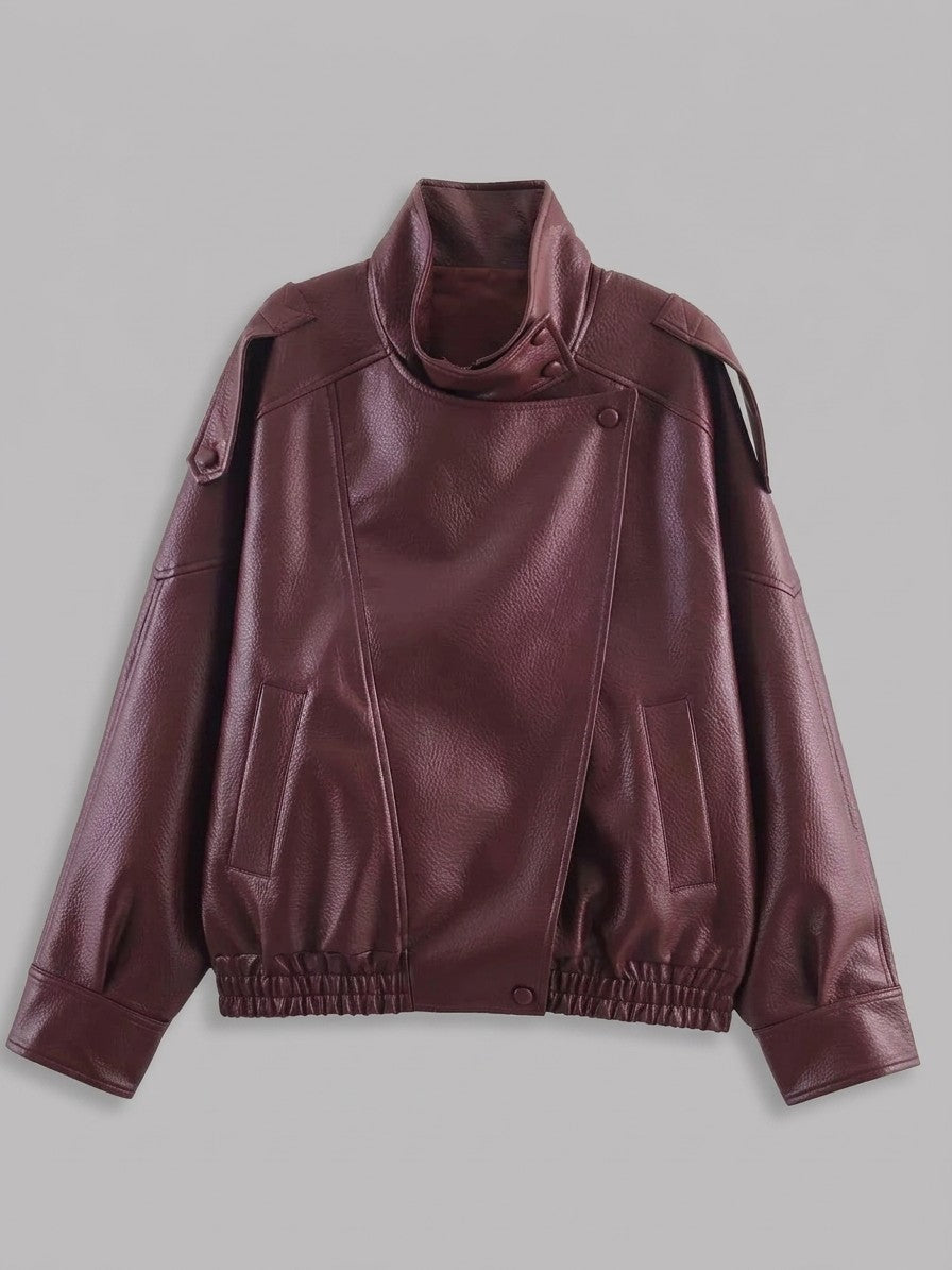Noli Women's Funnel Neck Moto Jacket — burgundy — packshot