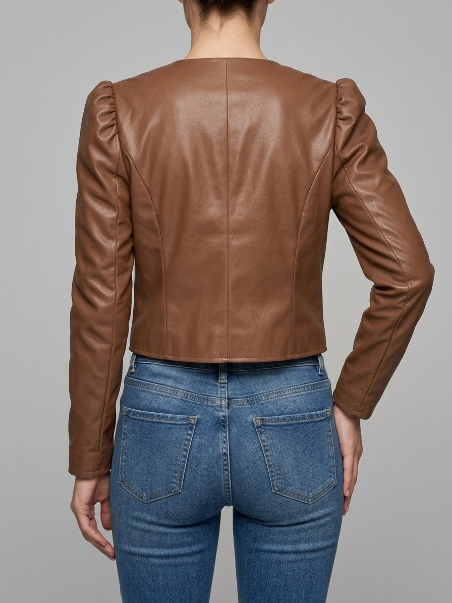 Norcia Women's Puff Sleeve Cropped Jacket — caramel — back