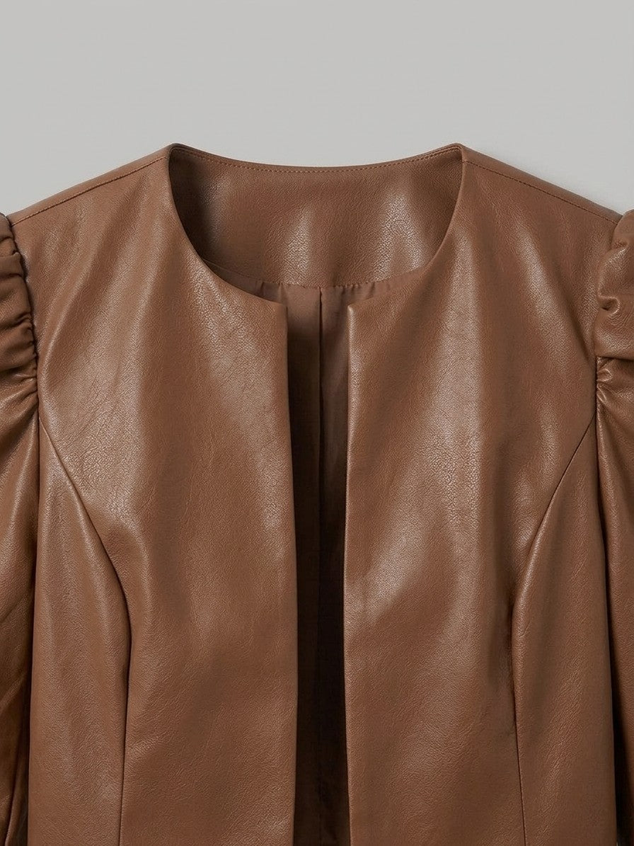 Norcia Women's Puff Sleeve Cropped Jacket — caramel — detail-2