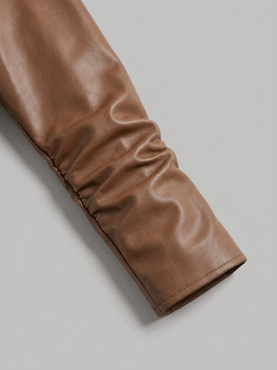 Norcia Women's Puff Sleeve Cropped Jacket — caramel — detail-collar