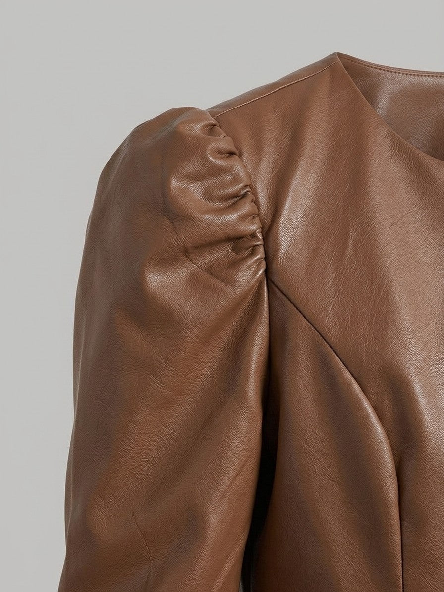 Norcia Women's Puff Sleeve Cropped Jacket — caramel — detail