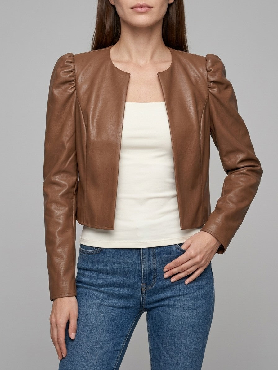 Norcia Women's Puff Sleeve Cropped Jacket — caramel — front