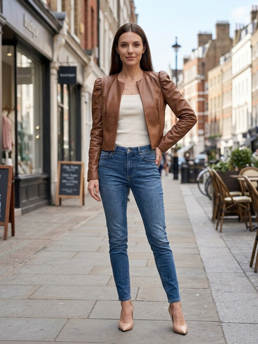 Norcia Women's Puff Sleeve Cropped Jacket — caramel — lifestyle