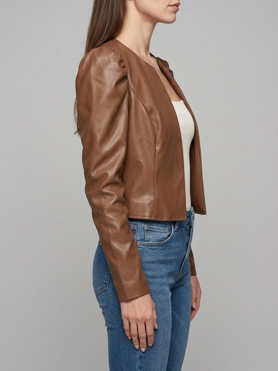 Norcia Women's Puff Sleeve Cropped Jacket — caramel — side