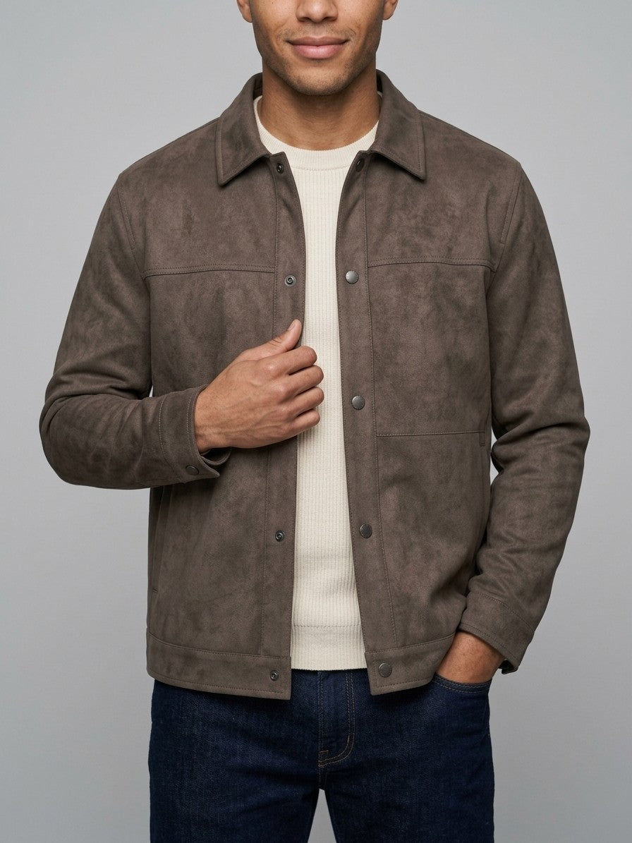 Noto Men's Suede-Look Overshirt — coffeecolor — front