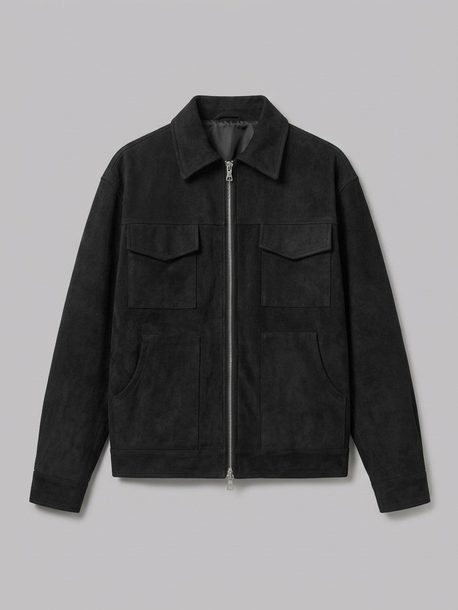 Novafeltria Men's Four-Pocket Genuine Suede Utility Jacket — black — packshot