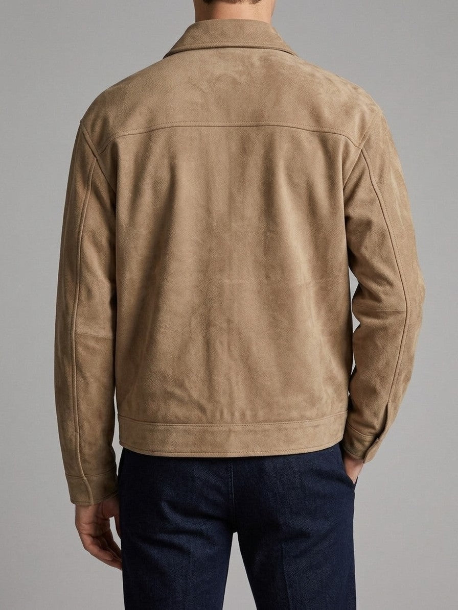 Novafeltria Men's Four-Pocket Genuine Suede Utility Jacket — camel — back