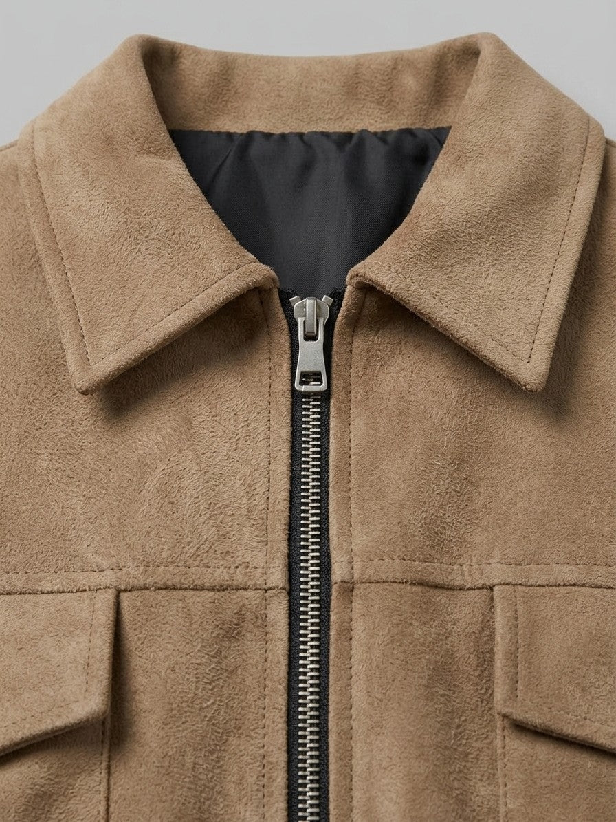 Novafeltria Men's Four-Pocket Genuine Suede Utility Jacket — camel — detail-2