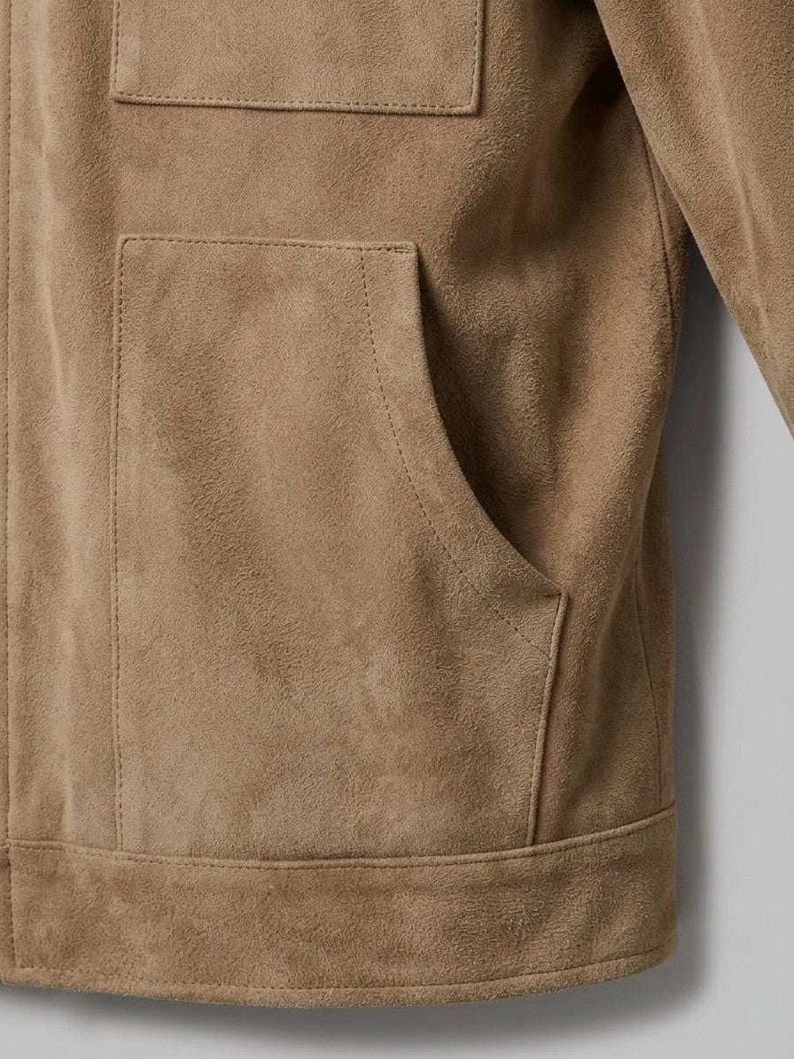 Novafeltria Men's Four-Pocket Genuine Suede Utility Jacket — camel — detail-collar