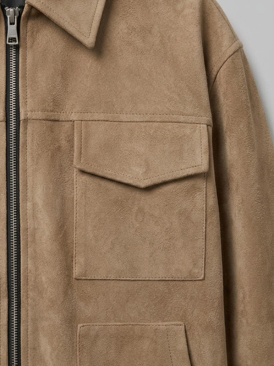 Novafeltria Men's Four-Pocket Genuine Suede Utility Jacket — camel — detail