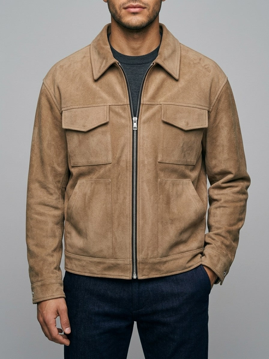 Novafeltria Men's Four-Pocket Genuine Suede Utility Jacket — camel — front