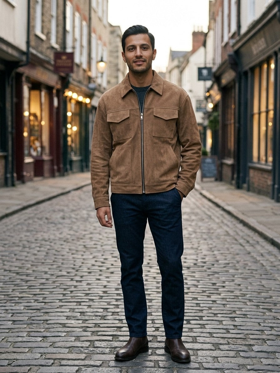 Novafeltria Men's Four-Pocket Genuine Suede Utility Jacket — camel — lifestyle