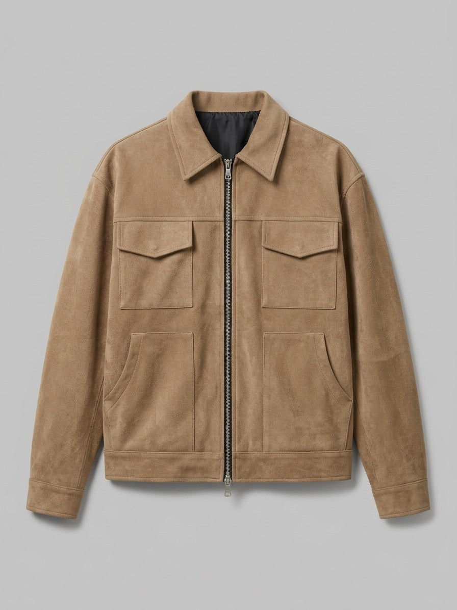 Novafeltria Men's Four-Pocket Genuine Suede Utility Jacket — camel — packshot