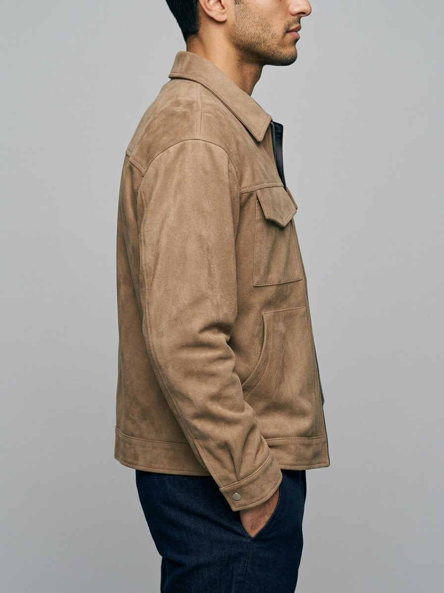 Novafeltria Men's Four-Pocket Genuine Suede Utility Jacket — camel — side