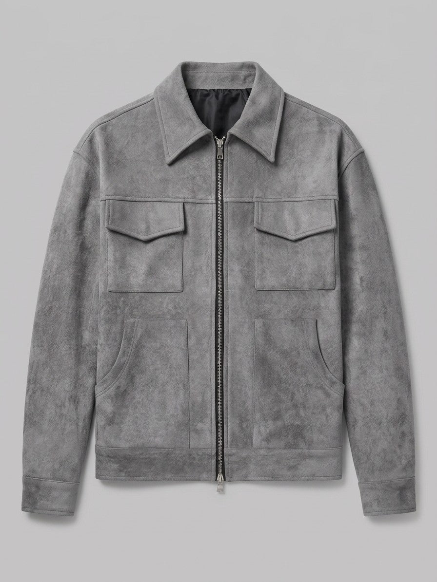Novafeltria Men's Four-Pocket Genuine Suede Utility Jacket — grey — packshot