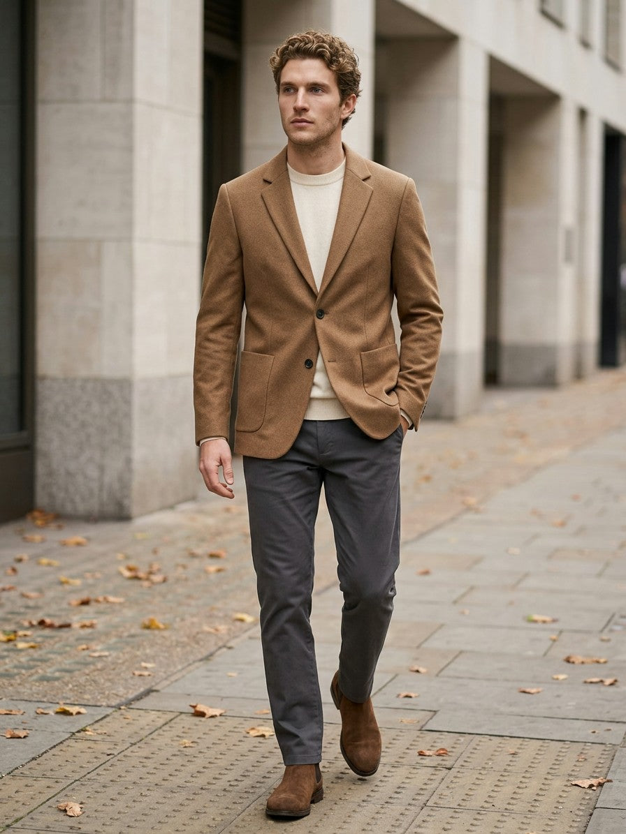 Novara Men's Lapel Collar Blazer — khaki — lifestyle
