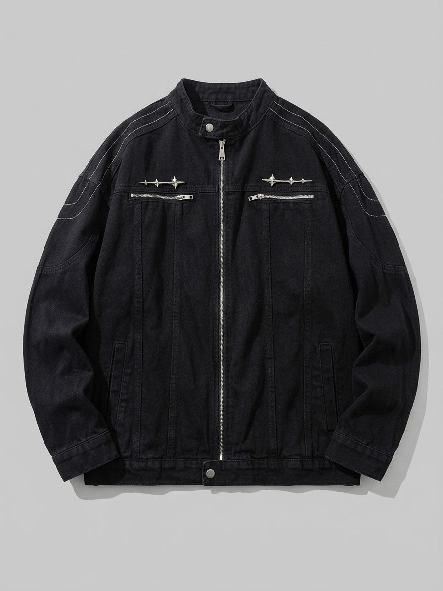 Numana Men's Racer Zip Denim Jacket — black — packshot