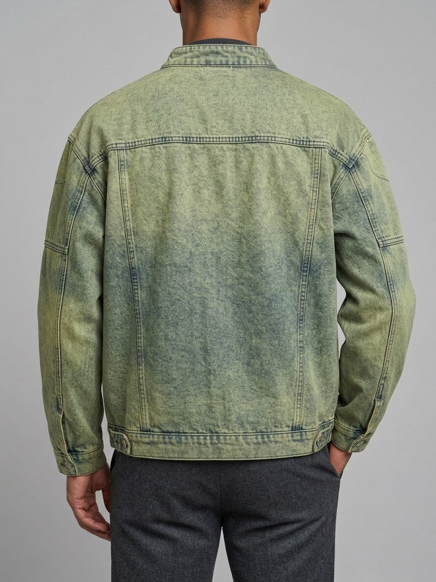 Numana Men's Racer Zip Denim Jacket — vintagegreenwash — back