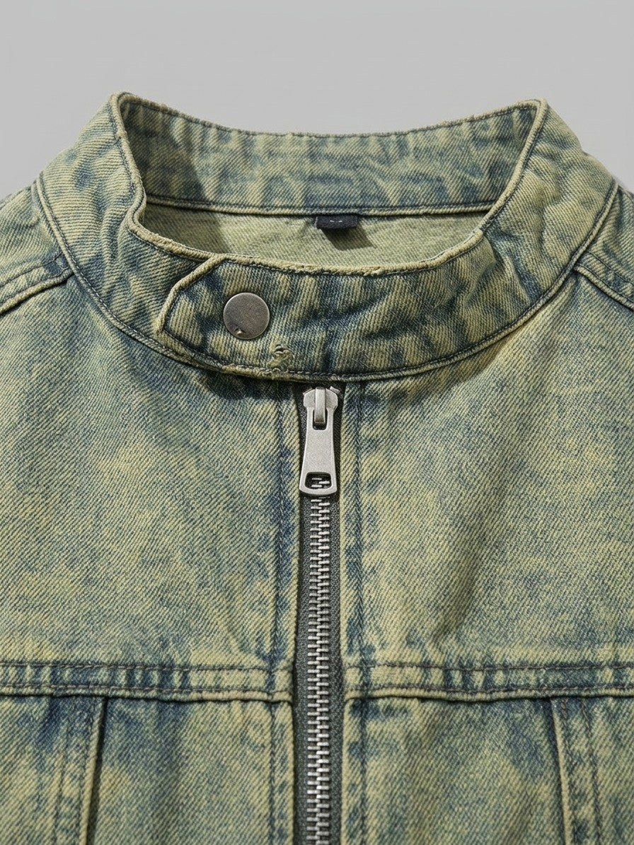Numana Men's Racer Zip Denim Jacket — vintagegreenwash — detail-2