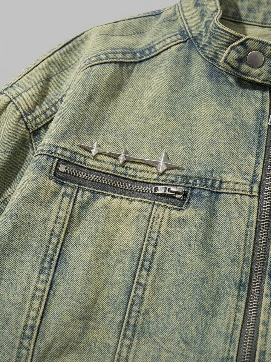 Numana Men's Racer Zip Denim Jacket — vintagegreenwash — detail-collar