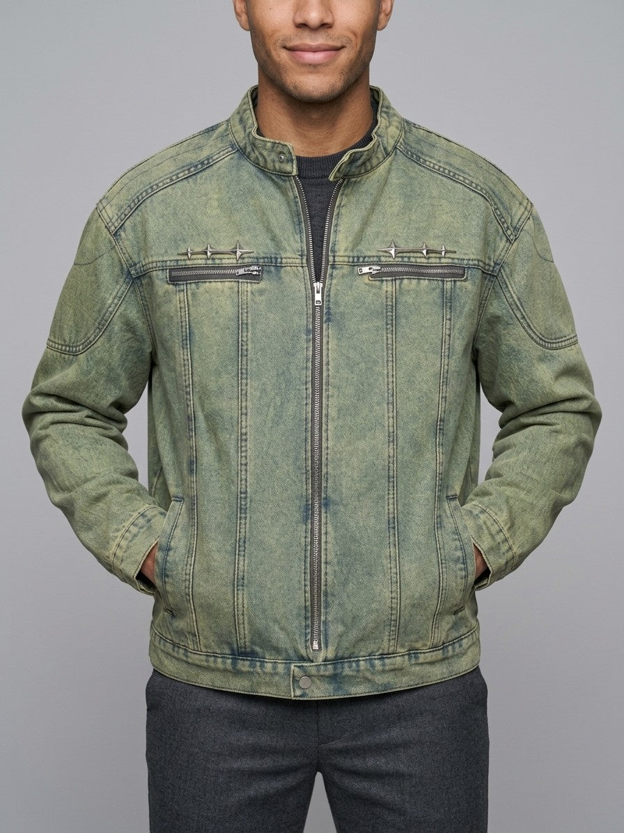 Numana Men's Racer Zip Denim Jacket — vintagegreenwash — front