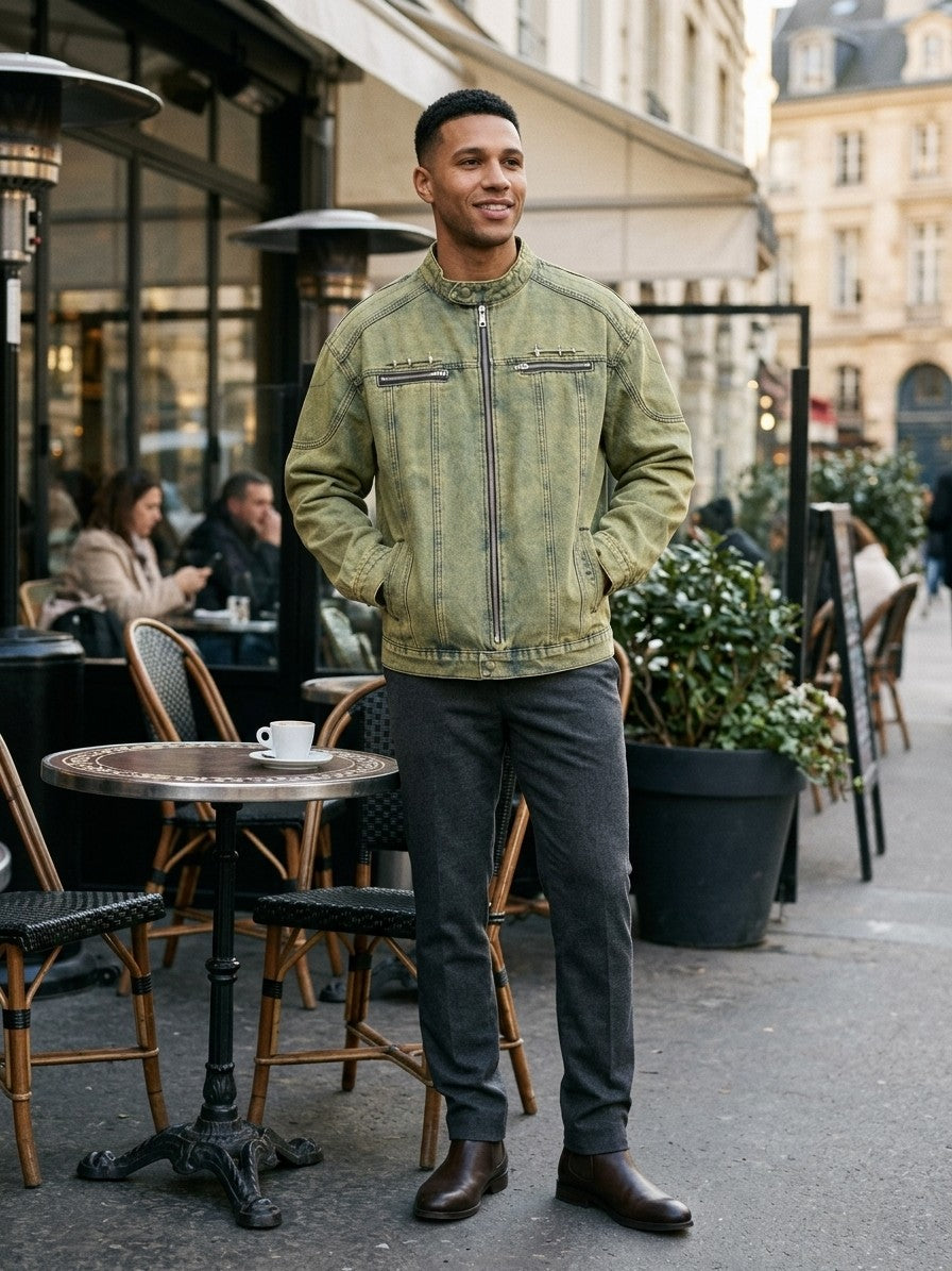 Numana Men's Racer Zip Denim Jacket — vintagegreenwash — lifestyle