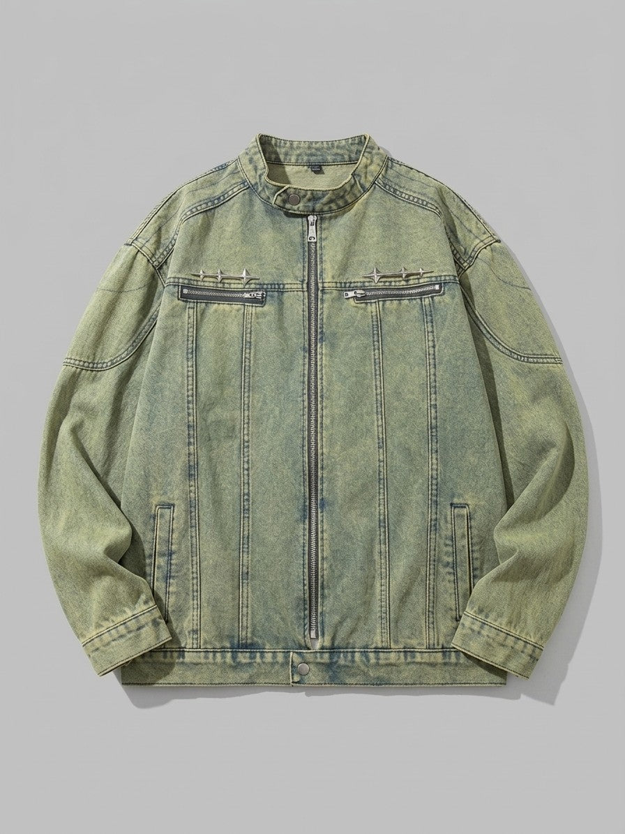 Numana Men's Racer Zip Denim Jacket — vintagegreenwash — packshot