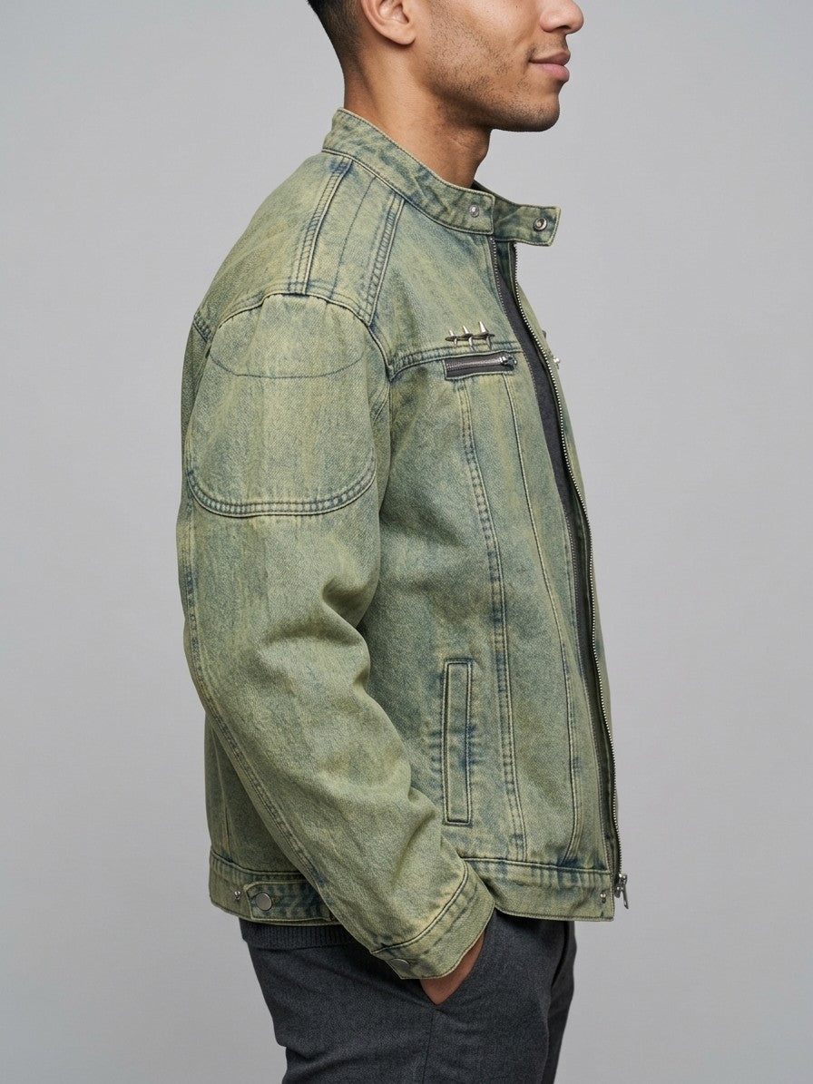 Numana Men's Racer Zip Denim Jacket — vintagegreenwash — side