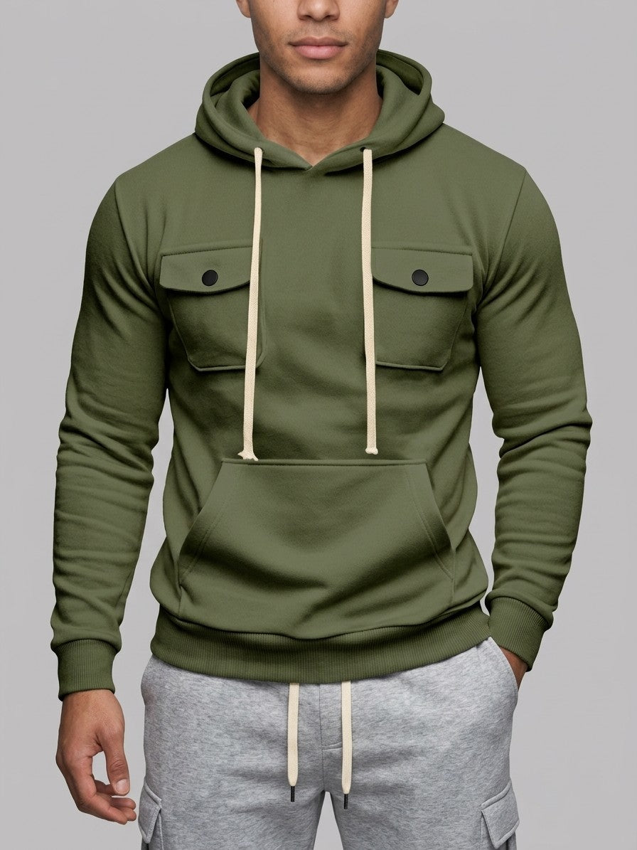 Nuoro Men's Flap-Pocket Hoodie and Cargo Sweatpant Set — armygreen — closefront